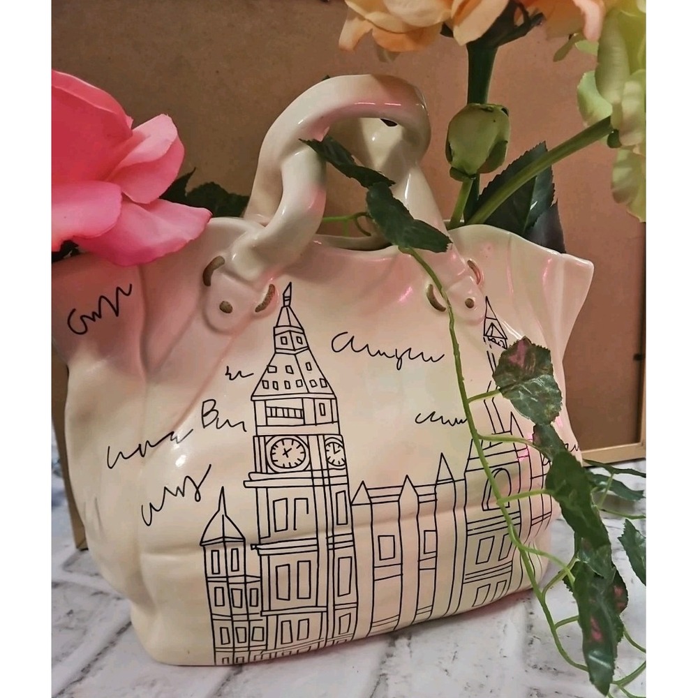 Artsy Handbag Ceramic‎ Flower Vase Folksy Village Clock Tower World Traveler
